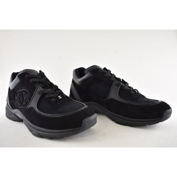 Chanel 20P Mens Triple Black Mesh CC Logo Low Top Runner Trainer Sneaker 44 11 - Picture 3 of 13